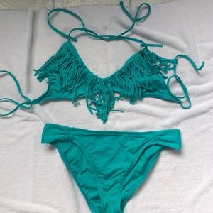 L*Space 2 piece turquoise fringe swim suit